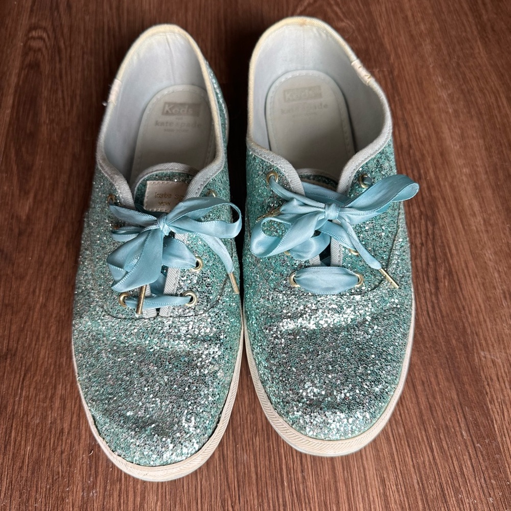 Kate Spade Keds Glittery Blue Sneakers with Satin Laces